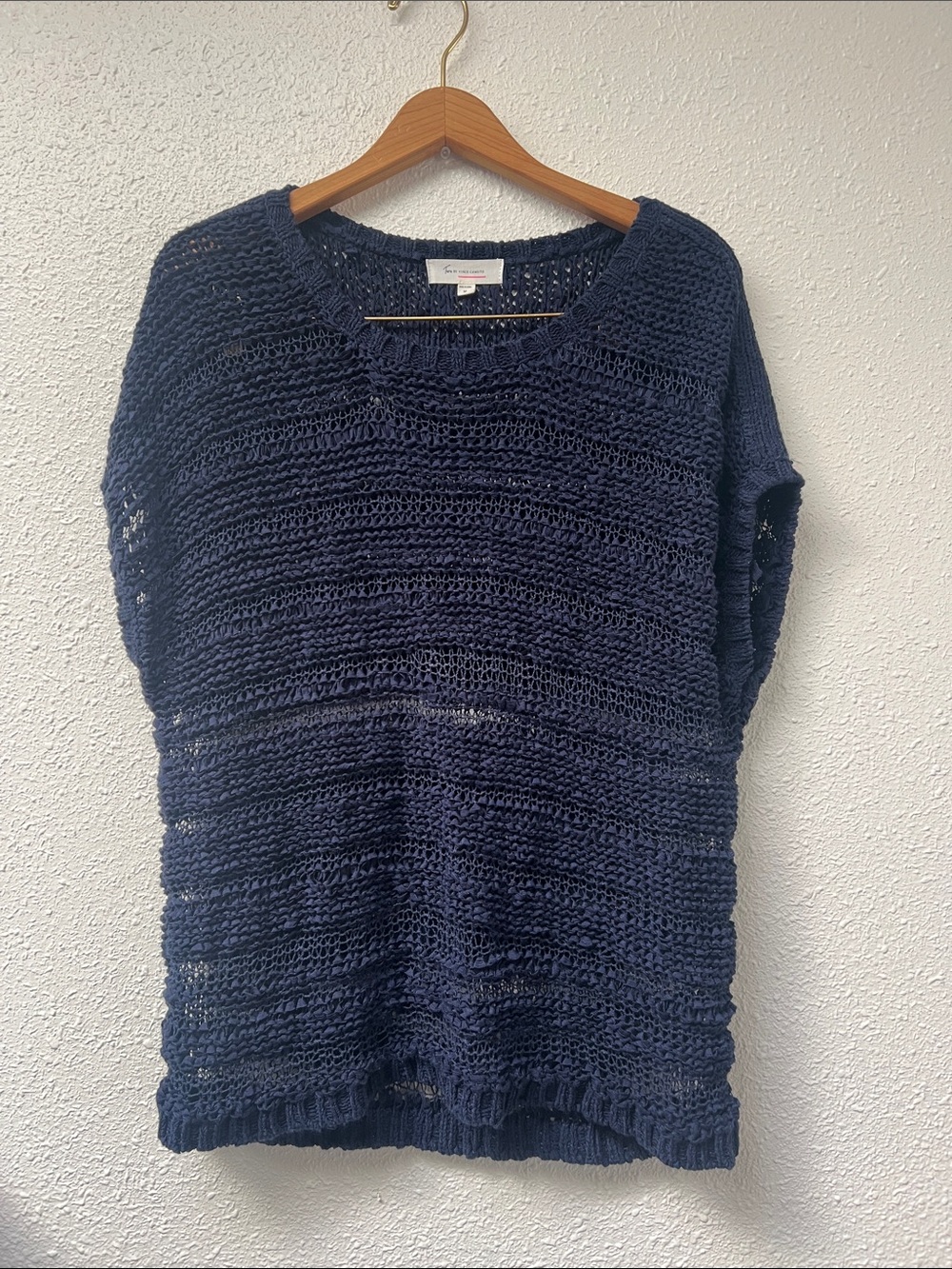 Vince Camuto Navy Open-Weave Crewneck Sweater